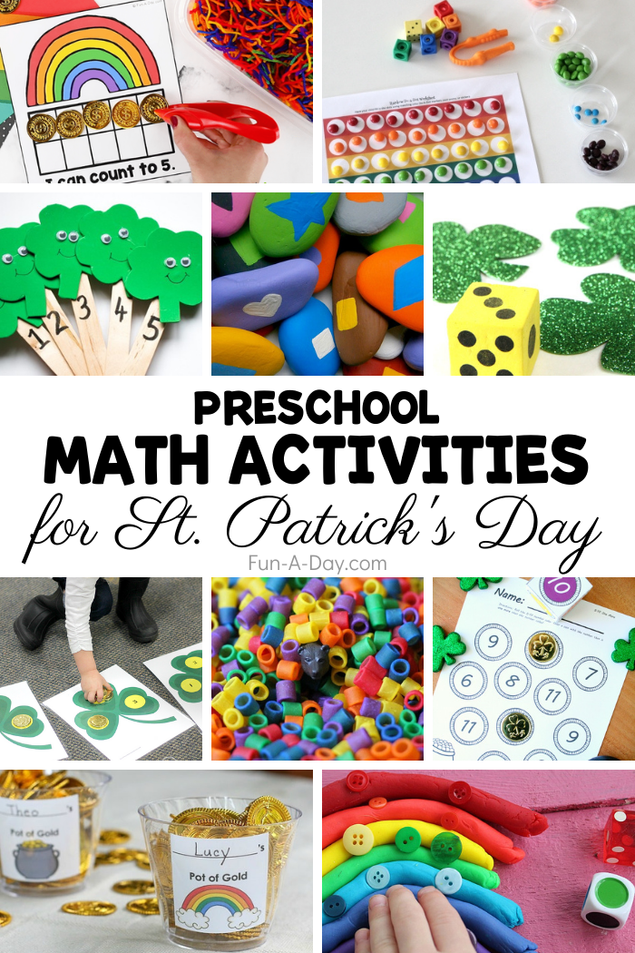 Collage of St. Patrick's Day math ideas with text that reads preschool math activities for St Patrick's Day.