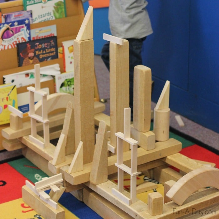 preschool castle made from wooden blocks