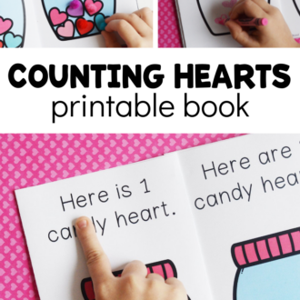 collage of different ways to use valentine easy reader with text that reads counting hearts printable book