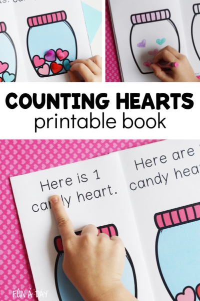 collage of different ways to use valentine easy reader with text that reads counting hearts printable book