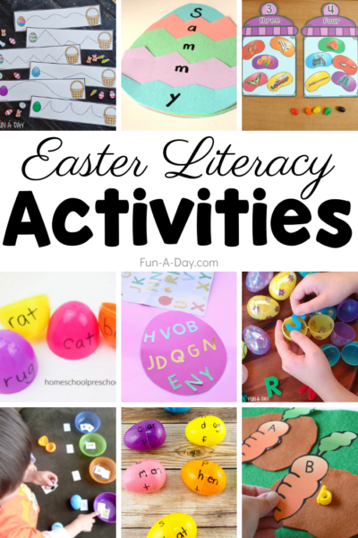 collage of many easter literacy activities for preschoolers using plastic eggs, letters, printables