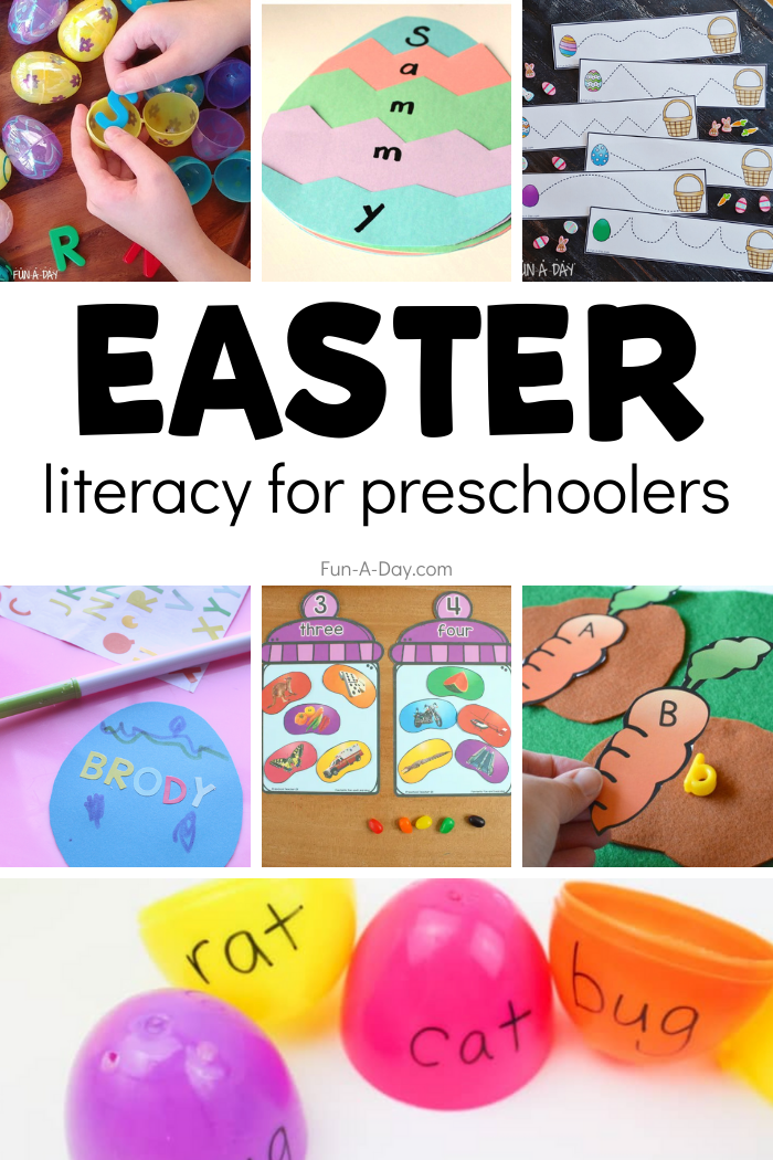 collage of many easter literacy activities for preschoolers using plastic eggs, letters, printables