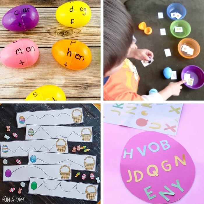 Fun activities showing ideas for preschool Easter literacy practice