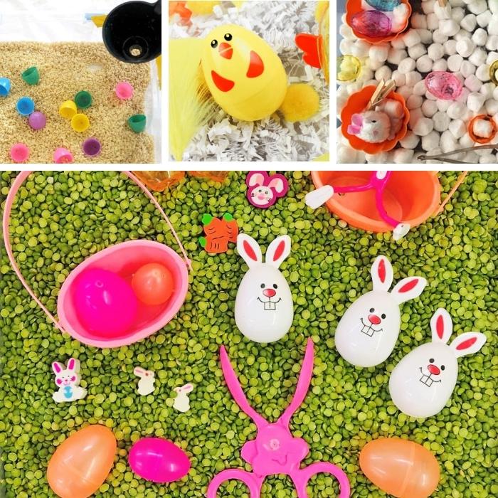 easter sensory bins with dried peas, cotton balls, easter eggs, tongs, baby chicks