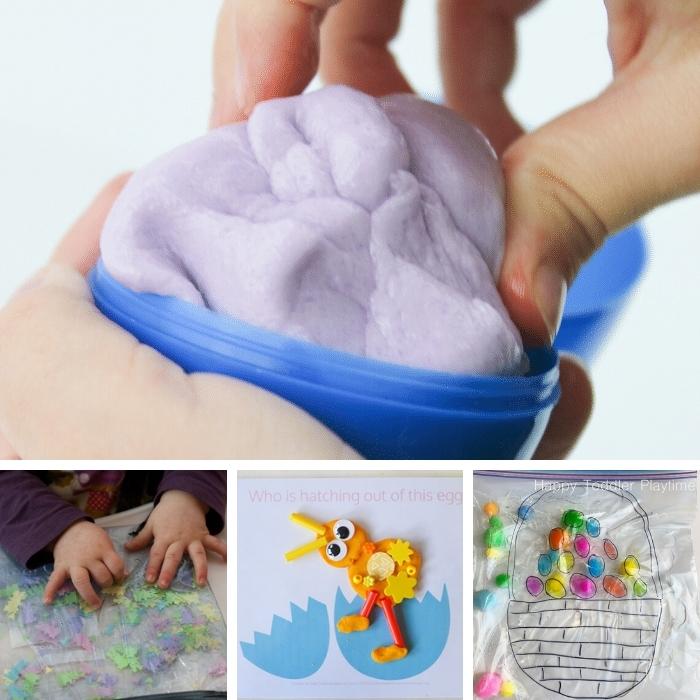 preschool easter sensory activities - slime in an easter egg, sensory bags, and play dough play mat