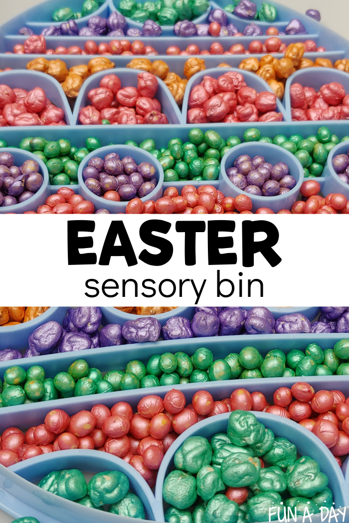 Closeup of colorful sensory materials with text that reads Easter sensory bin