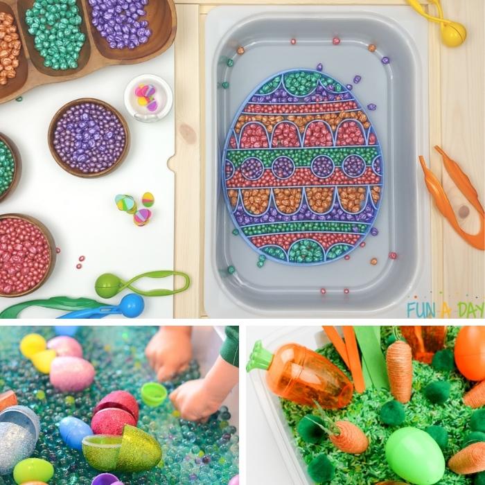 3 easter sensory activities for preschool - sensory bins with easter eggs, carrots, dried beans