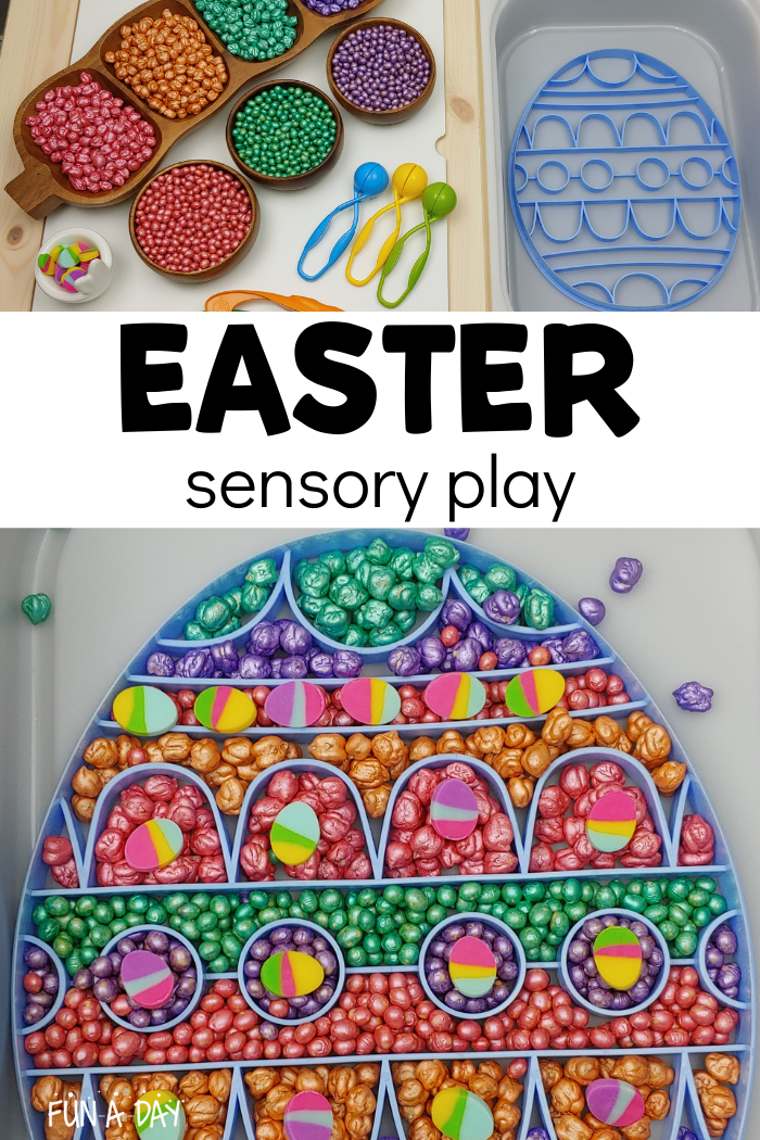 Easter sensory materials and tools with text that reads Easter sensory play