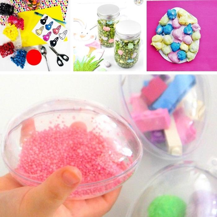 4 easter sensory activities - using cotton balls, small toys, easter eggs, sensory jars