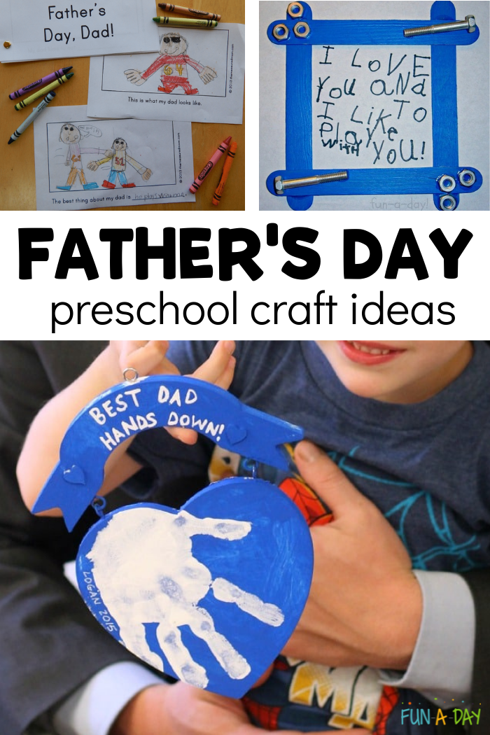 3 homemade father's day gifts with text that reads father's day preschool craft ideas