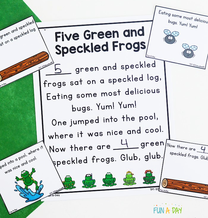 printable showing the Five Green and Speckled Frogs rhyme and sequence cards