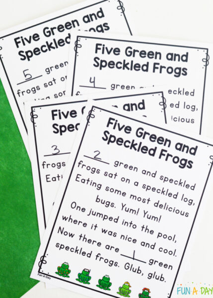 printed Five Green and Speckled Frogs rhyme for use in preschool classrooms