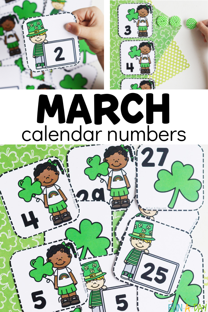 3 images of preschool st. patrick's day printables with copy that reads: March calendar numbers