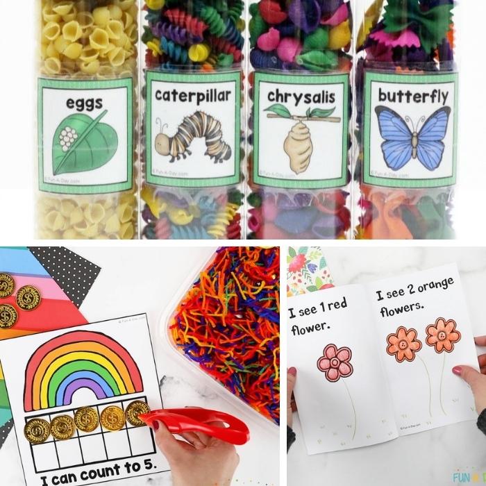 spring printables for preschool kids including a st. patrick's day math printable, flowers, and butterfly life cycle