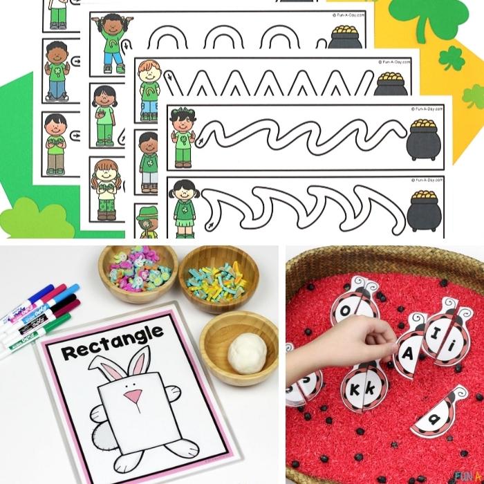 spring printables for preschool kids including a st. patrick's day tracing printable, letter matching, and easter shapes