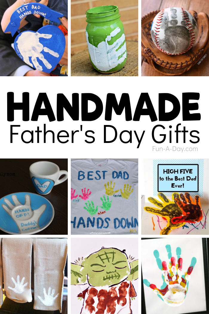 collage of child handprint art with text that reads handmade father's day gifts