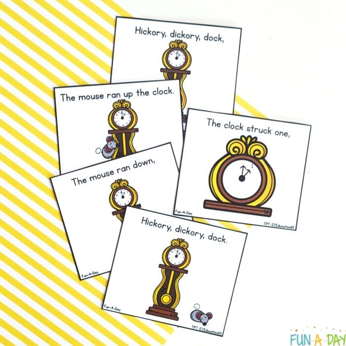 hickory dickory dock preschool printables on surface with yellow striped paper - sequencing cards