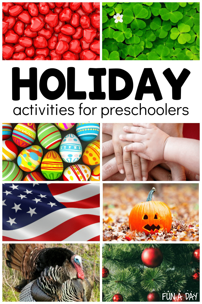 collage of holiday icons with text that reads holiday activities for preschoolers