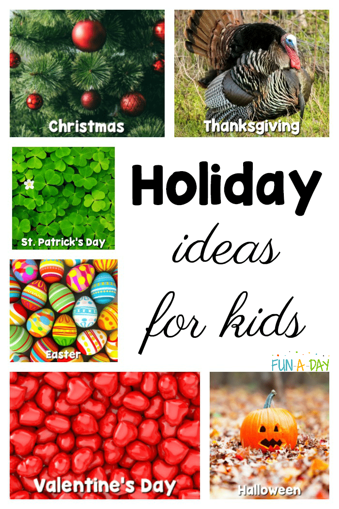 collage of labeled holiday icons with text that reads holiday ideas for kids