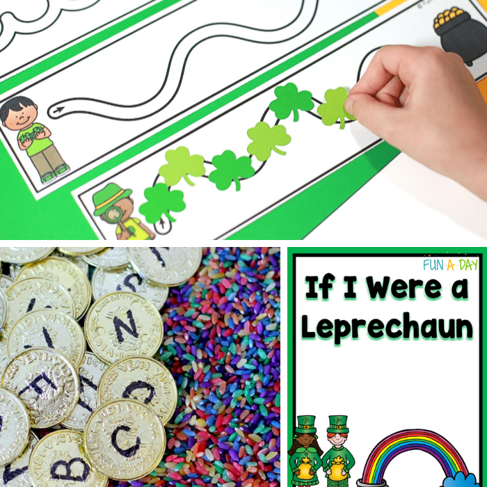 collage of literacy st. patrick's day activities for preschoolers