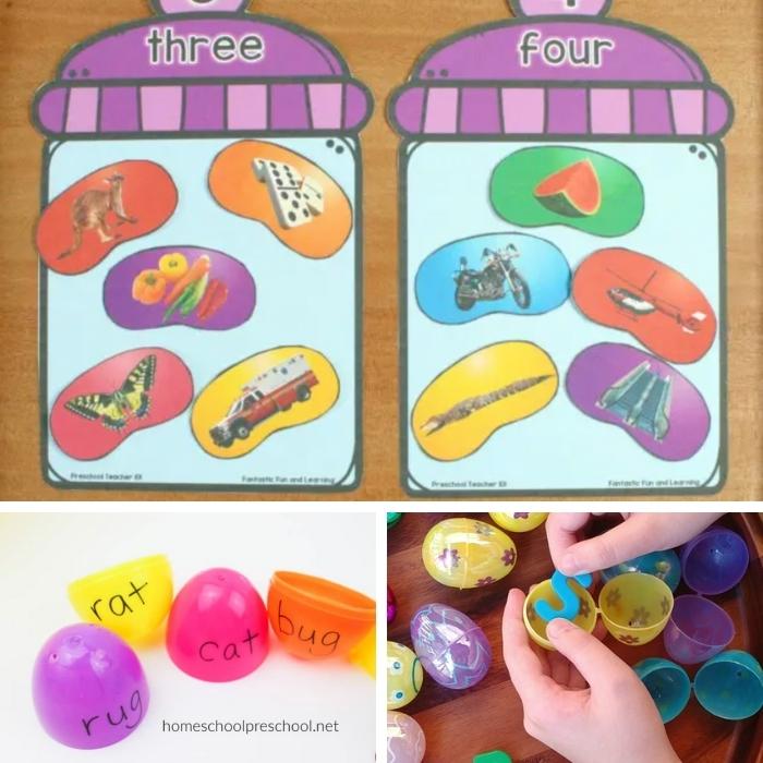 collage of 3 literacy preschool easter activities with plastic eggs and a printable