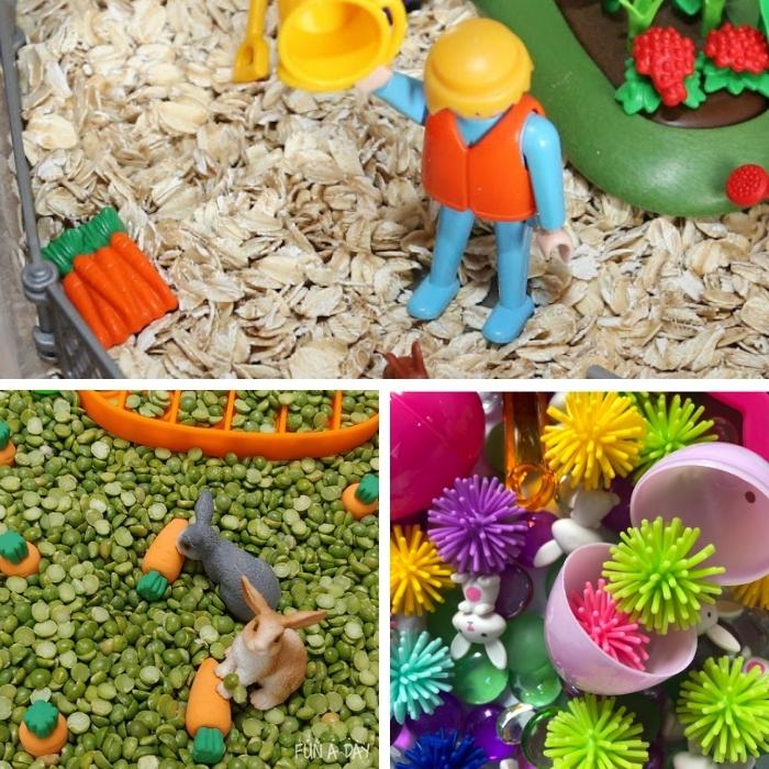 sensory bins for easter preschool play - including rabbit figurines, peter rabbit toys, and squishy toys