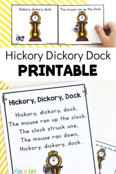 hickory dickory dock preschool printables on table with child's hand - copy reads Hickory Dickory Dock printable
