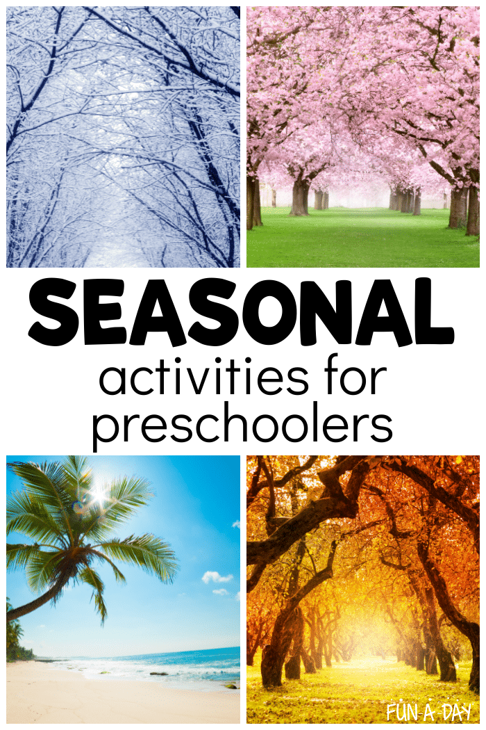 collage of trees through the year with text that reads seasonal activities for preschoolers
