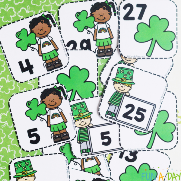 preschool st. patrick's day math number cards spread out on tabletop