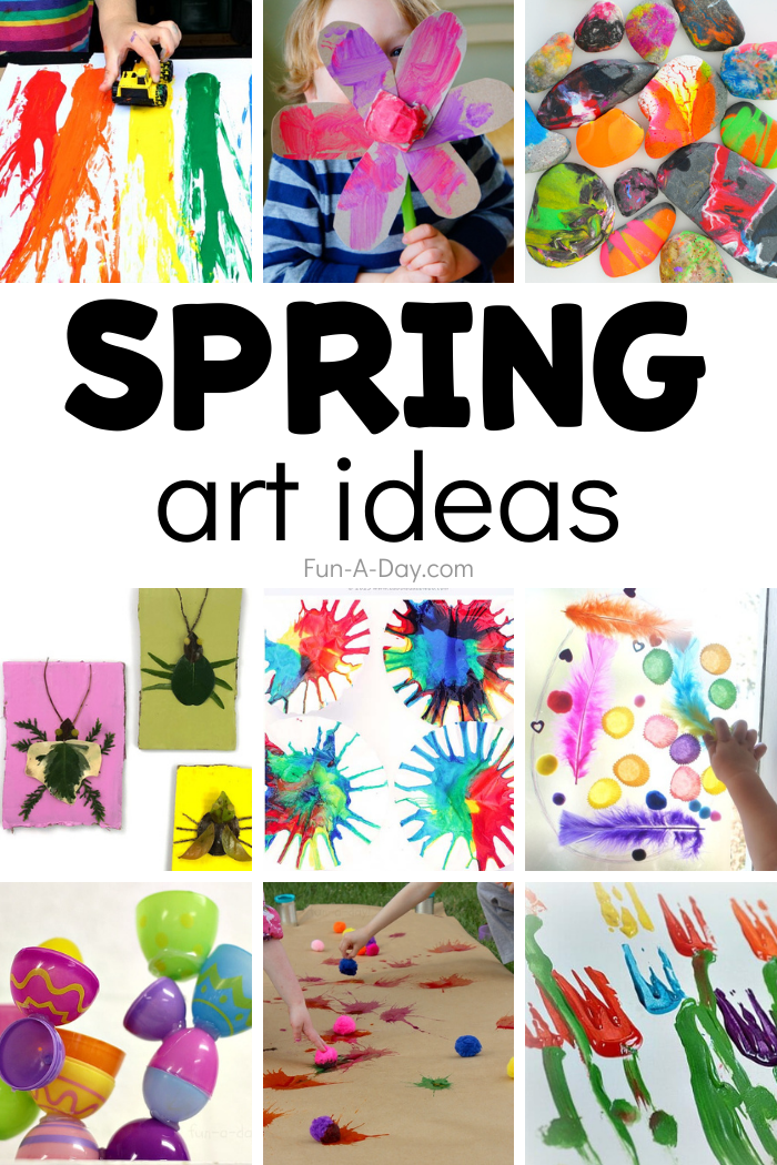 collage of colorful art for kids with text that reads spring art ideas