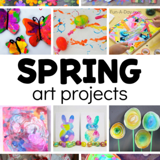 collage of preschool art with text that reads spring art projects
