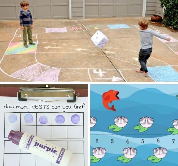 collage of 3 spring math activities for preschool kids