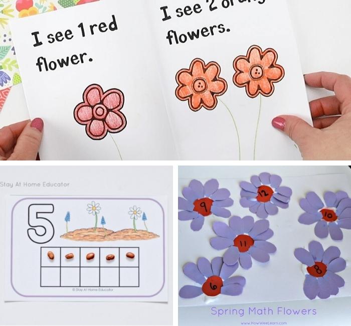 collage of spring flower math activities for preschoolers