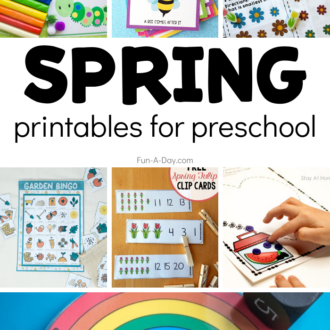 collage of preschool printables with text that reads spring printables for preschool