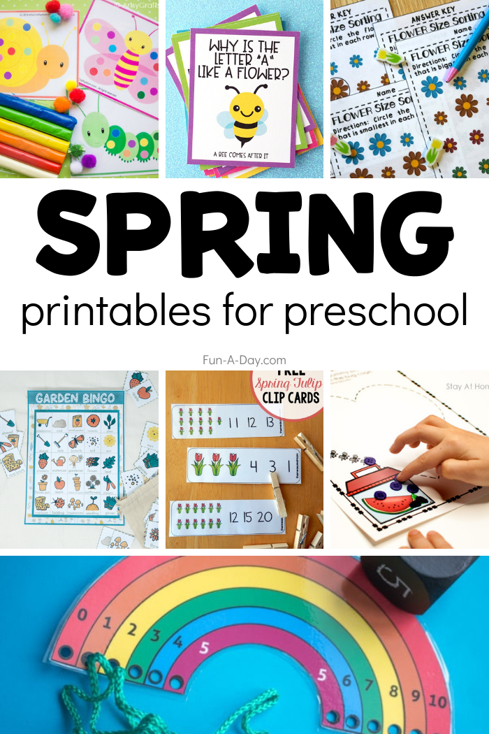 collage of spring preschool activities with text that reads spring printables for preschool