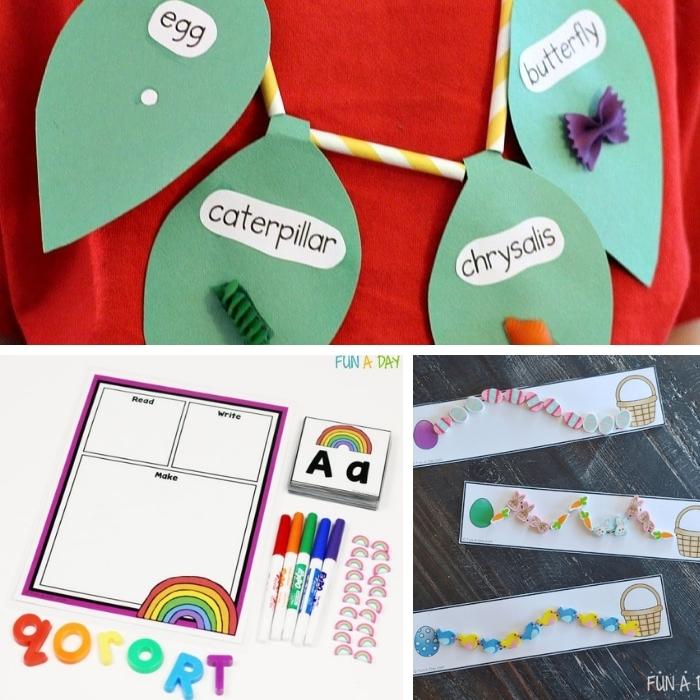 spring printables for preschool kids including bird finding, easter line tracing, and butterfly life cycle