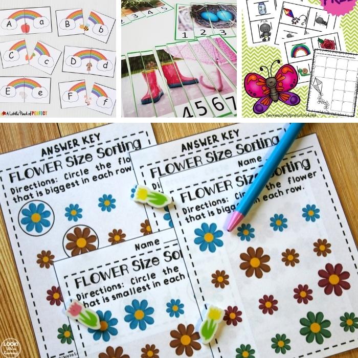 collage of spring preschool printables with insects, rainbows, flowers, rainboots