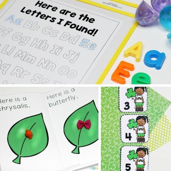 spring printables for preschool kids including a st. patrick's day math printable, letters, and butterfly life cycle