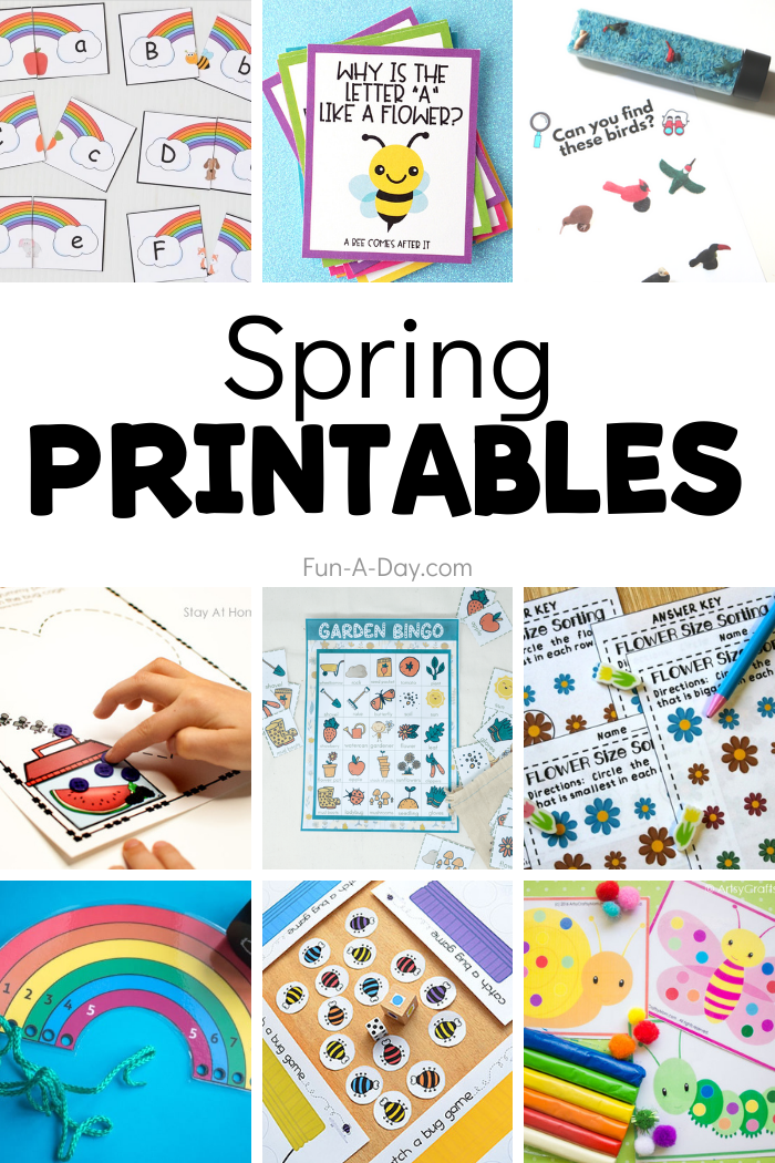 Collage of printables with insects, rainbows, flowers. Text that reads spring printables.