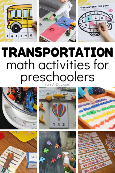 9 transportation ideas with text that reads transportation math activities for preschoolers