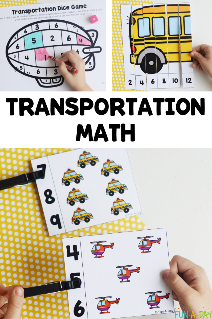 3 preschool printables with text that reads transportation math