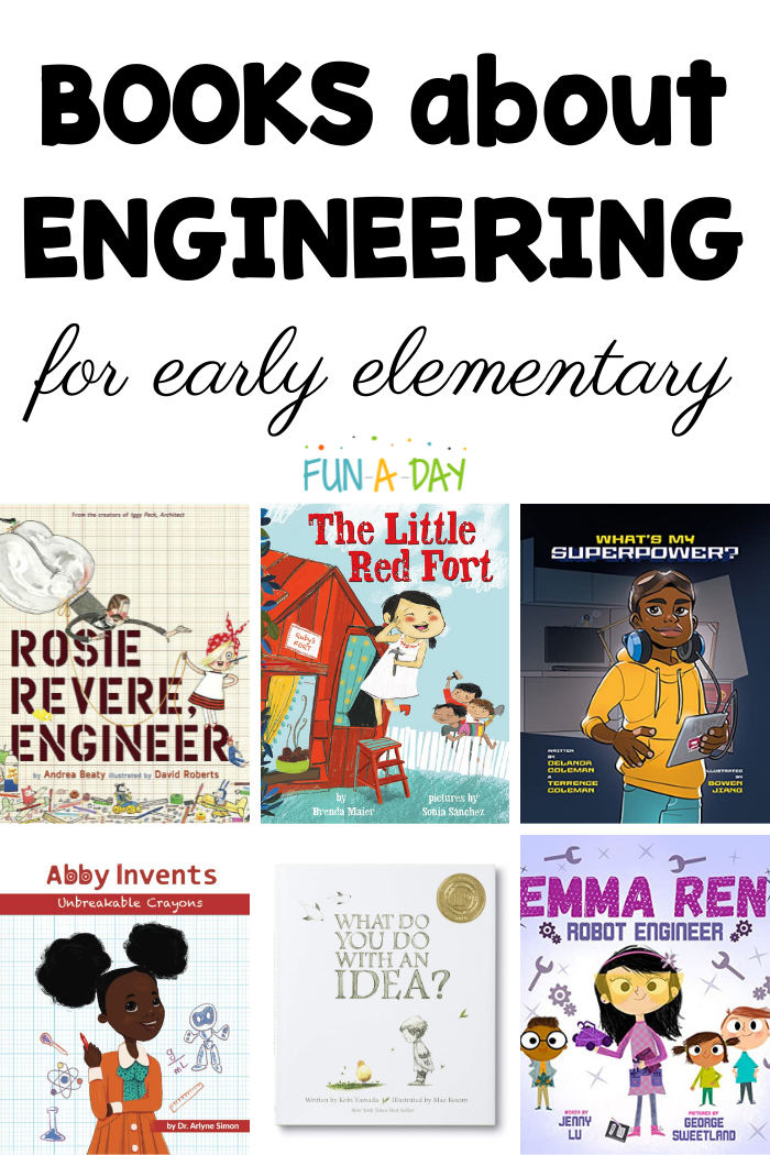 six book covers with text that reads books about engineering for early elementary