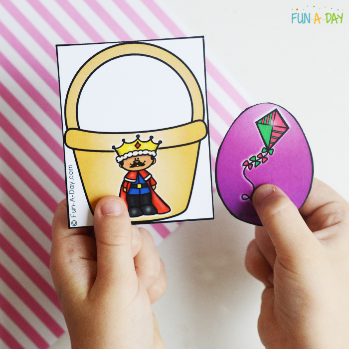 Kite egg matching with king basket for the Easter beginning sounds matching activity.
