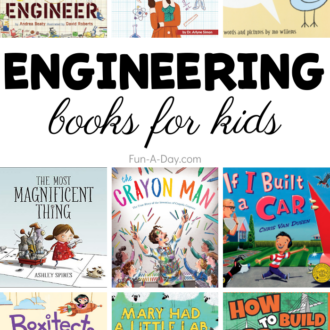 nine book covers with text that reads engineering books for kids
