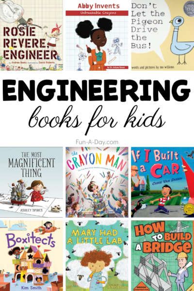 nine book covers with text that reads engineering books for kids