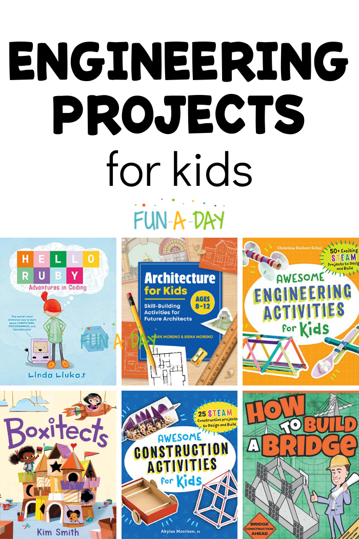 six book covers with text that reads engineering projects for kids

