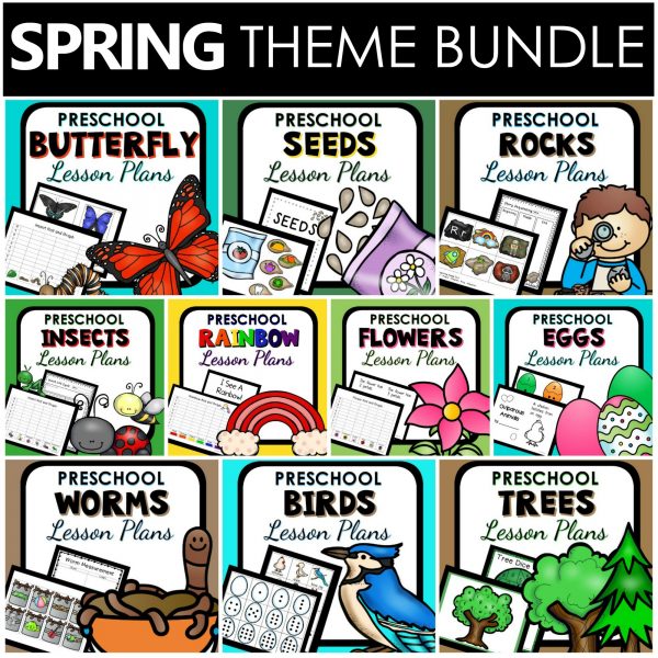 A collage of ten spring-themed preschool lesson plans from Preschool Teacher 101.