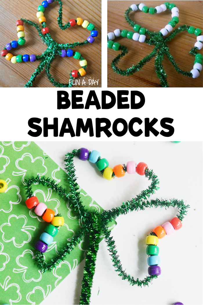 Collage of shamrock crafts with text that reads beaded shamrocks