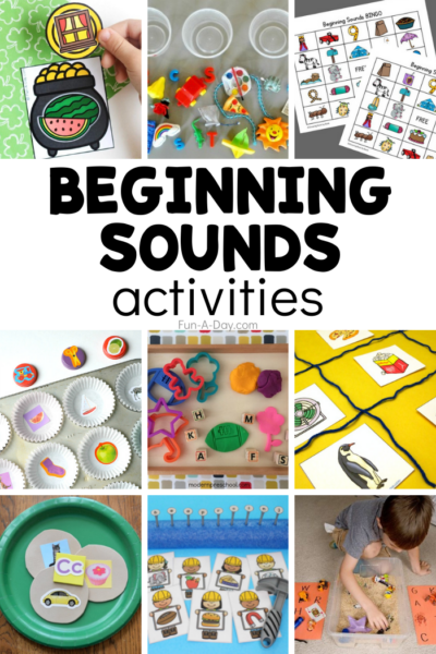 Collage of initial sound ideas with text that reads beginning sounds activities