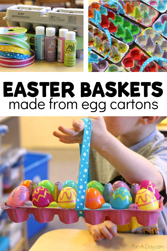 Collage of easter egg hunt baskets with text that reads easter baskets made from egg cartons